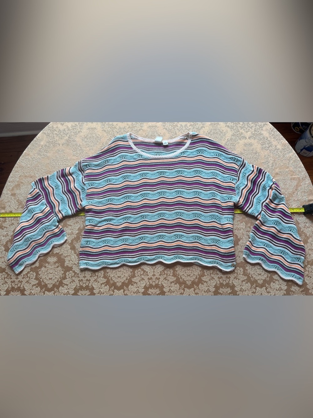 ROXY Striped Cropped Knit Top in aqua, purple, orange, brown, pink